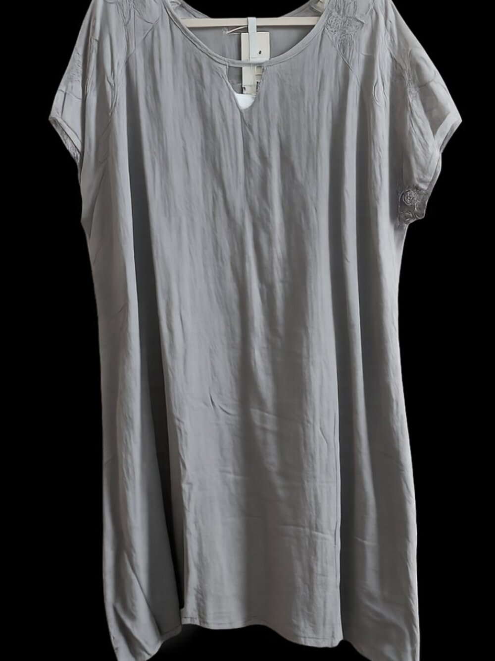 Linen shift dress with embroidered sleeve detail